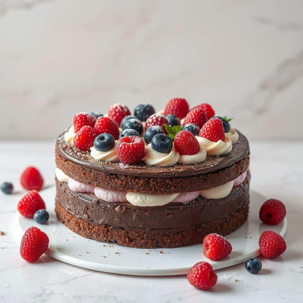 Des couches de délice crémeux forment un gâteau magnifiquement réalisé, affichant chocolat riche, baies rose tendre et crème fouettée légère, le tout couronné de fraises, framboises et myrtilles fraîches. Une tranche généreuse a été coupée, révélant les strates colorées qui invitent le regard dans un jeu tentant de textures et saveurs. Le gâteau repose sur une assiette blanche simple, contrastant avec la surface boisée chaude en arrière-plan, suggérant une ambiance cosy et accueillante. Une lumière naturelle douce met en valeur les couleurs vibrantes et les finitions brillantes des fruits et de la crème, suggérant une friandise délicieuse parfaite pour célébrations. L’ambiance est celle de l’indulgence et de la douceur, invitant chacun à savourer une tranche de ce dessert exquis.
