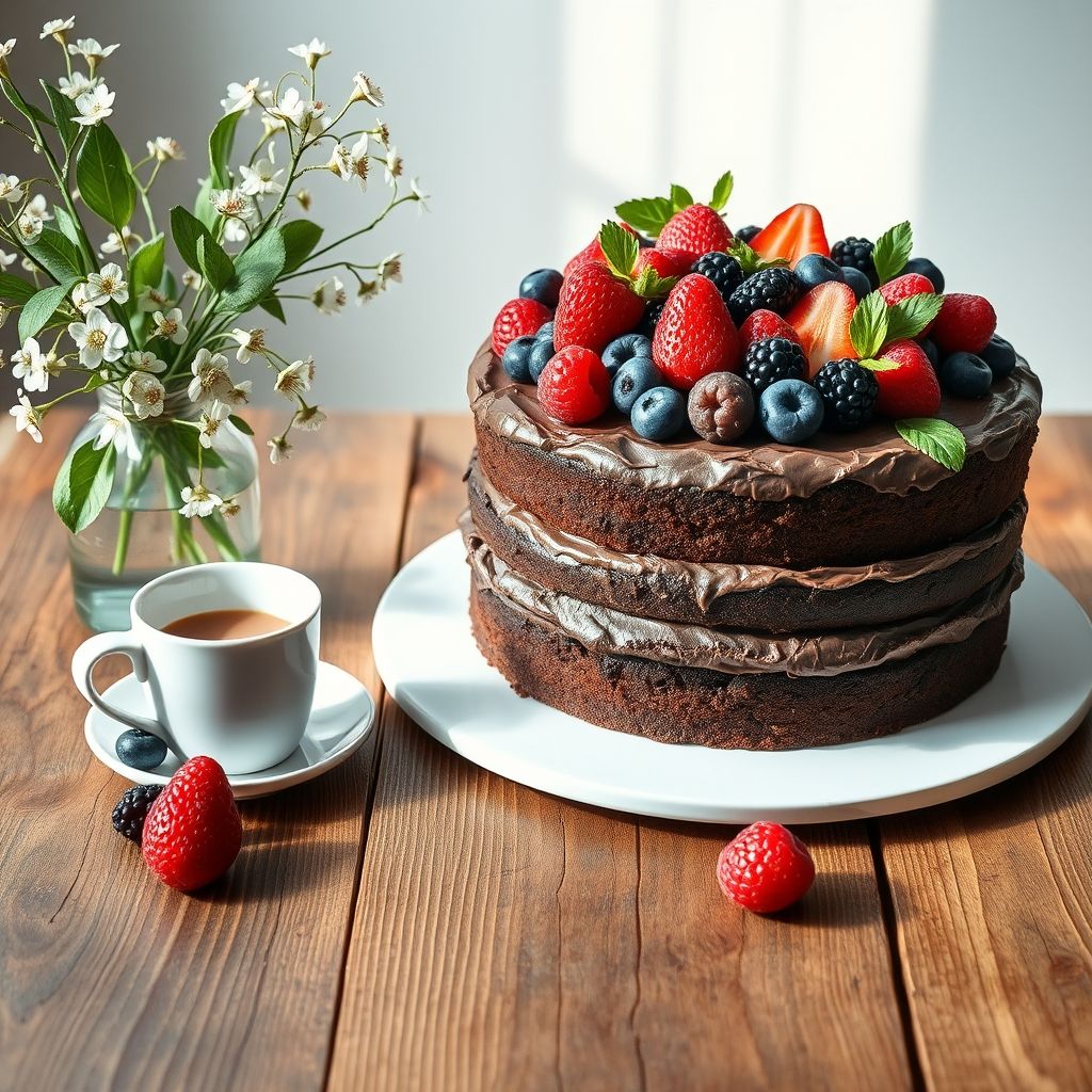 Un délicieux gâteau au chocolat à trois couches, ornementé d’un assortiment vibrant de baies fraîches, incluant fraises, framboises, myrtilles et mûrettes, nichées au sommet d’un glaçage au chocolat riche et crémeux. Le gâteau repose sur une assiette blanche simple, élégamment positionné sur une table en bois rustique qui ajoute de la chaleur à la mise en scène. Près de là, un vase en verre transparent regorge de fleurs blanches délicates et de feuilles vertes fraîches, renforçant la fraîcheur et l’aspect printanier de la composition. Une tasse blanche, probablement remplie d’une boisson chaude, apporte une touche cosy à la scène, tandis que la lumière naturelle douce baigne l’ensemble, évoquant une ambiance de célébration et d’indulgence.