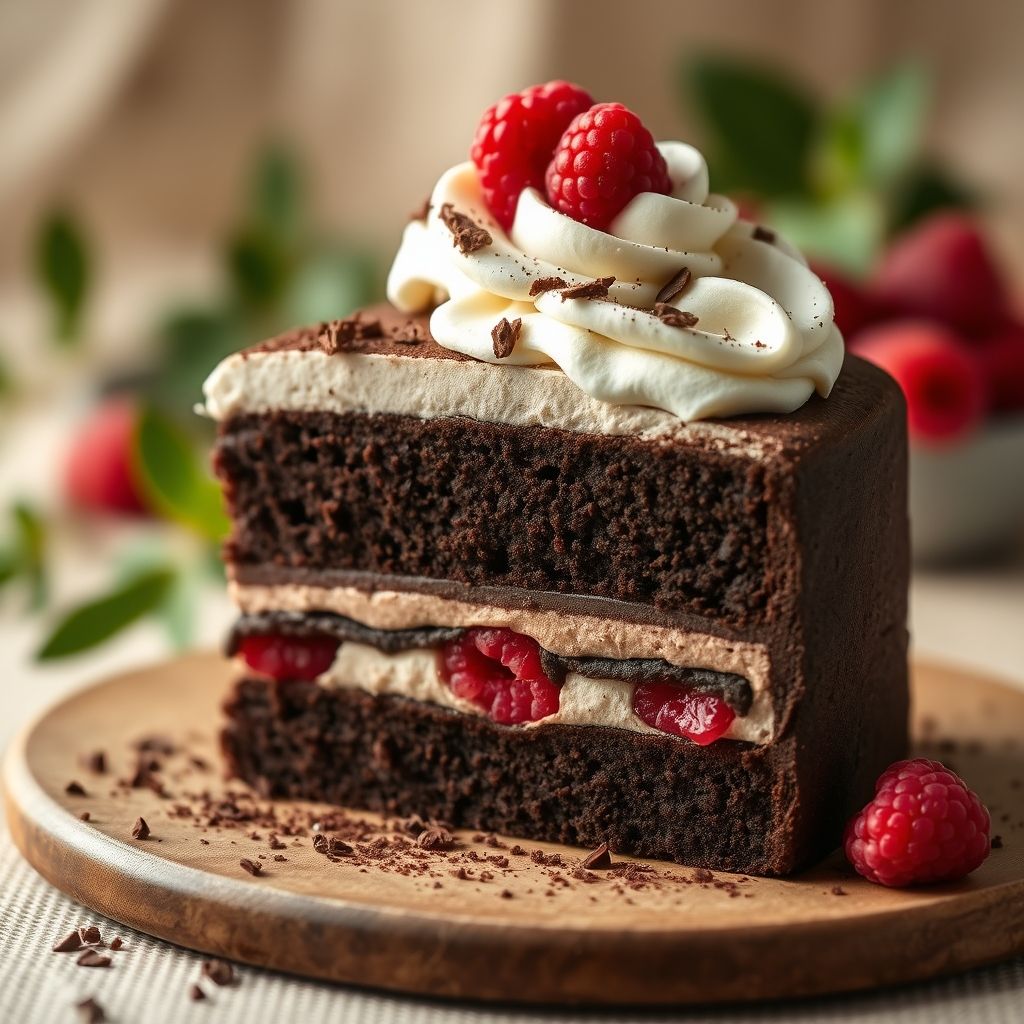 Des couches décadentes de gâteau au chocolat et mousse prennent vie dans cette tranche délicieuse, surmontée d’un tourbillonnement généreux de crème fouettée et de framboises fraîches. La base riche en cacao foncé contraste magnifiquement avec les textures légères et aérées au-dessus, tandis que les framboises rouges vives apparaissent, apportant une touche d’acidité et de couleur. Une poussière scintillante de copeaux de chocolat achève l’ensemble, invitant à la gourmandise. La mise en scène présente une couverture douce et texturée aux tons neutres, avec des touches de verdure en arrière-plan flou, renforçant l’ambiance cosy et accueillante. La composition globale irradie de la chaleur, parfaite pour toute occasion sucrée.