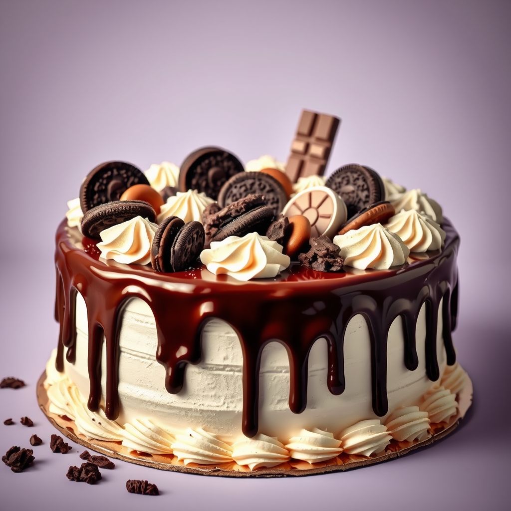 Un gâteau au chocolat décadent se dresse en centre, arborant une ganache chocolat brillante qui coule délicieusement sur les côtés, contrastant magnifiquement avec son glaçage blanc lisse en dessous. Orner d’un assortiment extravagant de garnitures, incluant des biscuits Oreo, des barres de chocolat et des gaufrettes en chocolat finement décorées, la surface du gâteau est un festin visuel, évoquant indulgence et célébration. Les ombres douces suggèrent un éclairage tamisé, installé sur un fond lavande délicat, qui met en valeur les détails vibrants du gâteau et invite à la chaleur et la douceur. La composition est joyeuse et abondante, créant une atmosphère luxueuse et tentante qui promet des saveurs délicieuses à savourer.