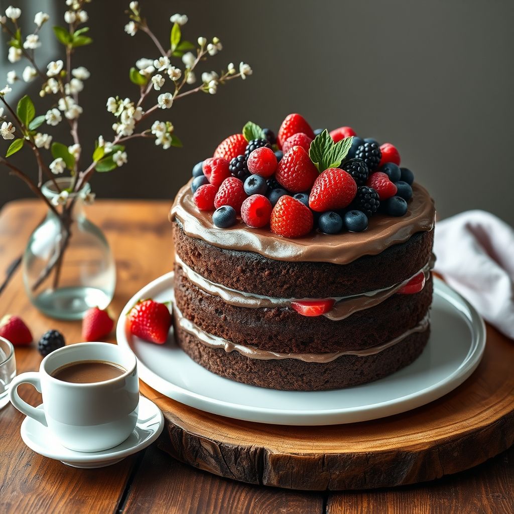 Un gâteau au chocolat décadent à plusieurs couches, richement nappé d’un glaçage onctueux, surmonte de baies colorées : fraises, myrtilles, framboises et mûrettes, ajoutant une touche de couleur végétale au contraste marron profond du gâteau. Ce dessert gourmand est présenté sur une assiette blanche simple, posée sur une table en bois rustique renforçant une atmosphère chaleureuse et accueillante. À gauche, un vase en verre délicat contient des branches ornées de petites fleurs blanches et de feuilles vertes, complétant l’ambiance fête évoquée par le gâteau. Une tasse blanche, présumément remplie d’une boisson chaude, est placée à proximité, invitant à un moment cosy. La composition générale et l’éclairage doux créent une ambianc...