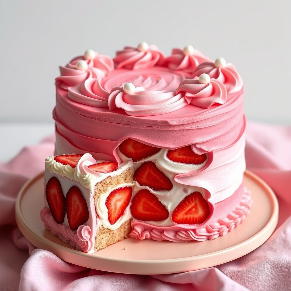 Des couches luxuriantes d’un gâteau ombré rose invitent avec leur texture douce et veloutée, affichant trois nuances harmonieuses de rose, agrémentées de volutes de glaçage plus clair et plus foncé. Une tranche parfaite a été retirée proprement, révélant les couches de gâteau à la fraise, entremêlées d’un glaçage blanc crémeux contrastant élégamment avec les couleurs vives du gâteau. Le glaçage décoratif sur le dessus présente des rosettes complexes et des accents perlés, ajoutant une touche artistique à l’ensemble. Posé sur une assiette beige douce, le gâteau est accompagné d’un tissu rose pastel, créant une atmosphère chaleureuse et accueillante qui suggère une occasion festive. L’image irradie une sensation douce et joyeuse, idéale pour une réunion spéciale ou une pause gourmande l’après-midi.