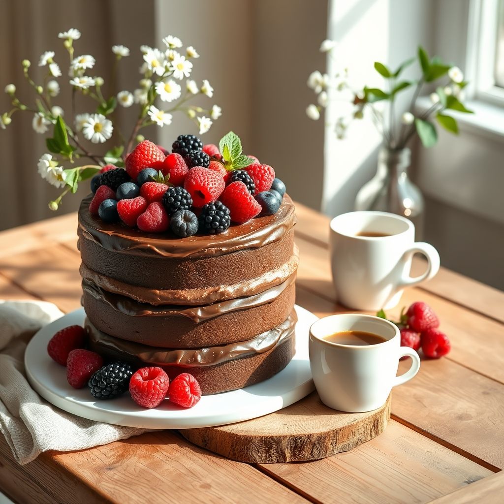 Un délicieux gâteau au chocolat à trois couches, ornementé d’un assortiment vivant de baies fraîches, comprenant fraises, framboises, myrtilles et mûrettes, nichées au sommet d’un glaçage au chocolat riche et crémeux. Le gâteau repose sur une assiette blanche simple, élégamment positionnée sur une table en bois rustique qui ajoute de la chaleur à l’ensemble. Près de là, un vase en verre transparent regorge de fleurs blanches délicates et de feuilles vertes fraîches, renforçant la fraîcheur et l’aspect printanier de la composition. Une tasse blanche, probablement remplie d’une boisson chaude, apporte une touche cosy à la scène, tandis que la lumière naturelle douce baigne l’ensemble, évoquant une ambiance de célébration et d’indulgence.