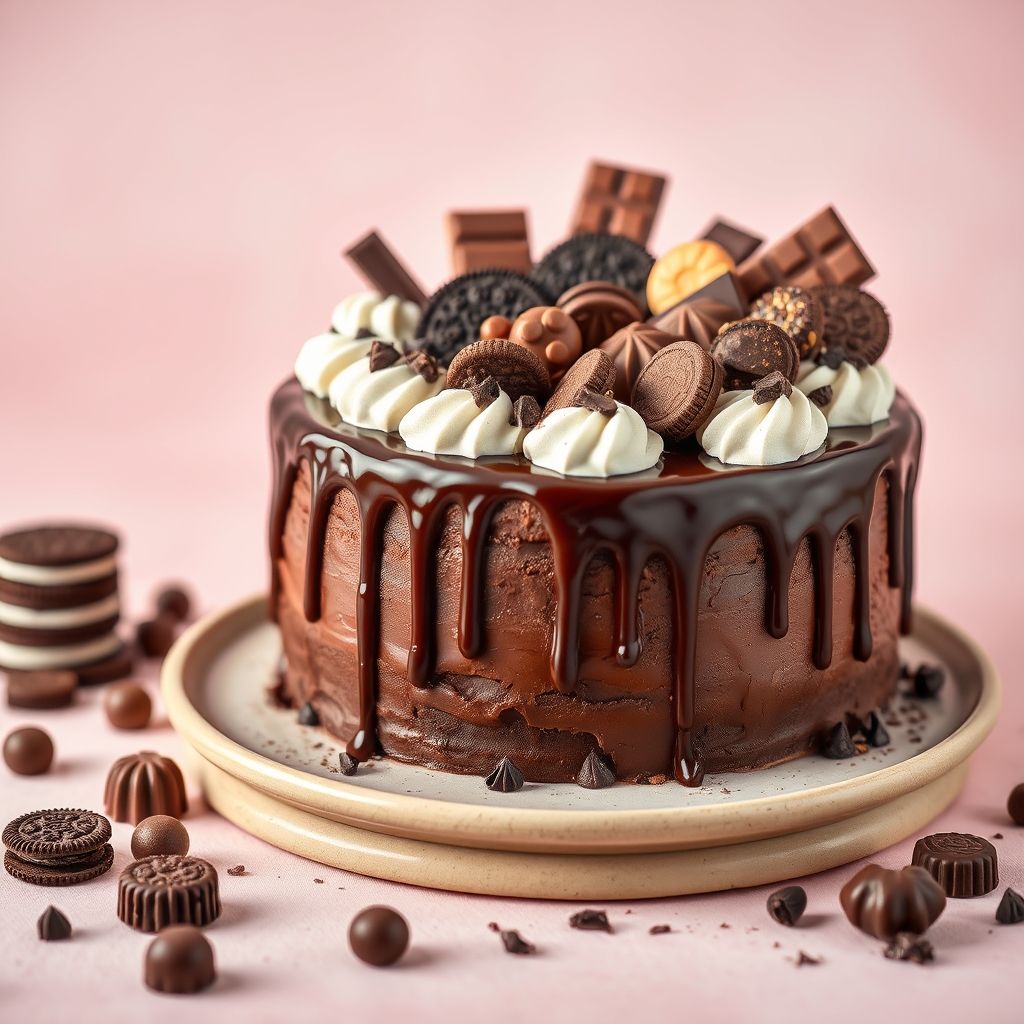 Un gâteau au chocolat délicieux trône sur une assiette beige clair, sa ganache au chocolat semi-amer dévalant sur les côtés avec un effet de coulée brillante. Surmonté d’un assortiment gourmand d’éléments en chocolat, incluant biscuits Oreo riches, barres de chocolat délicates et gaufrettes en chocolat finement décorées, le gâteau est un festin visuel de contrastes marron foncé et blanc crémeux. L’arrière-plan présente un rose pastel doux qui souligne l’élégance du dessert, renforçant son attrait. De petites pâtes au chocolat et confiseries rondes dispersées autour de la base ajoutent à la scène appétissante, évoquant une célébration et une délice dans chaque détail.