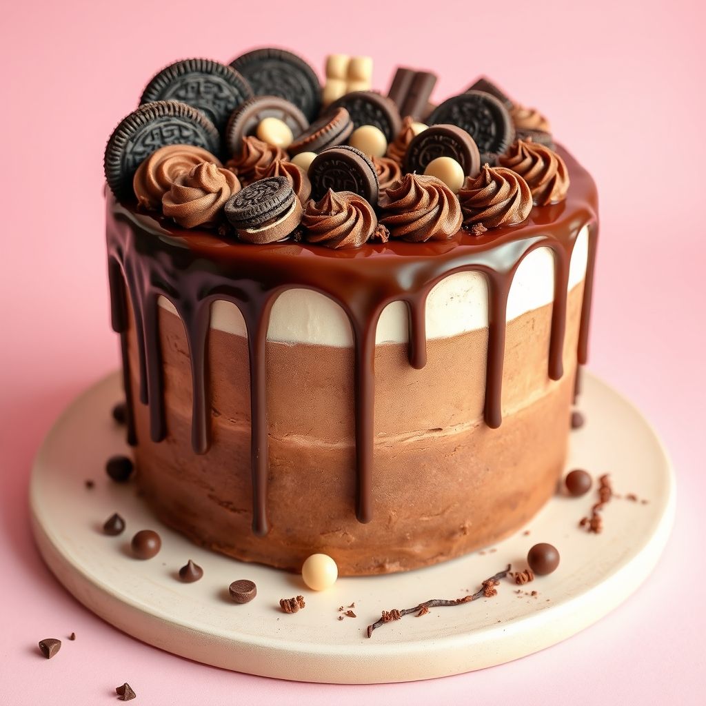 Un gâteau au chocolat délicieux trône sur une assiette beige clair, sa ganache au chocolat semi-amer dévalant sur les côtés avec un effet de coulée brillante. Surmonté d’un assortiment gourmand d’éléments en chocolat, incluant biscuits Oreo riches, barres de chocolat délicates et gaufrettes en chocolat finement décorées, le gâteau est un festin visuel de contrastes marron foncé et blanc crémeux. L’arrière-plan présente un rose pastel doux qui souligne l’élégance du dessert, renforçant son attrait. De petites pâtes au chocolat et confiseries rondes dispersées autour de la base ajoutent à la scène appétissante, évoquant une célébration et une délice dans chaque détail.
